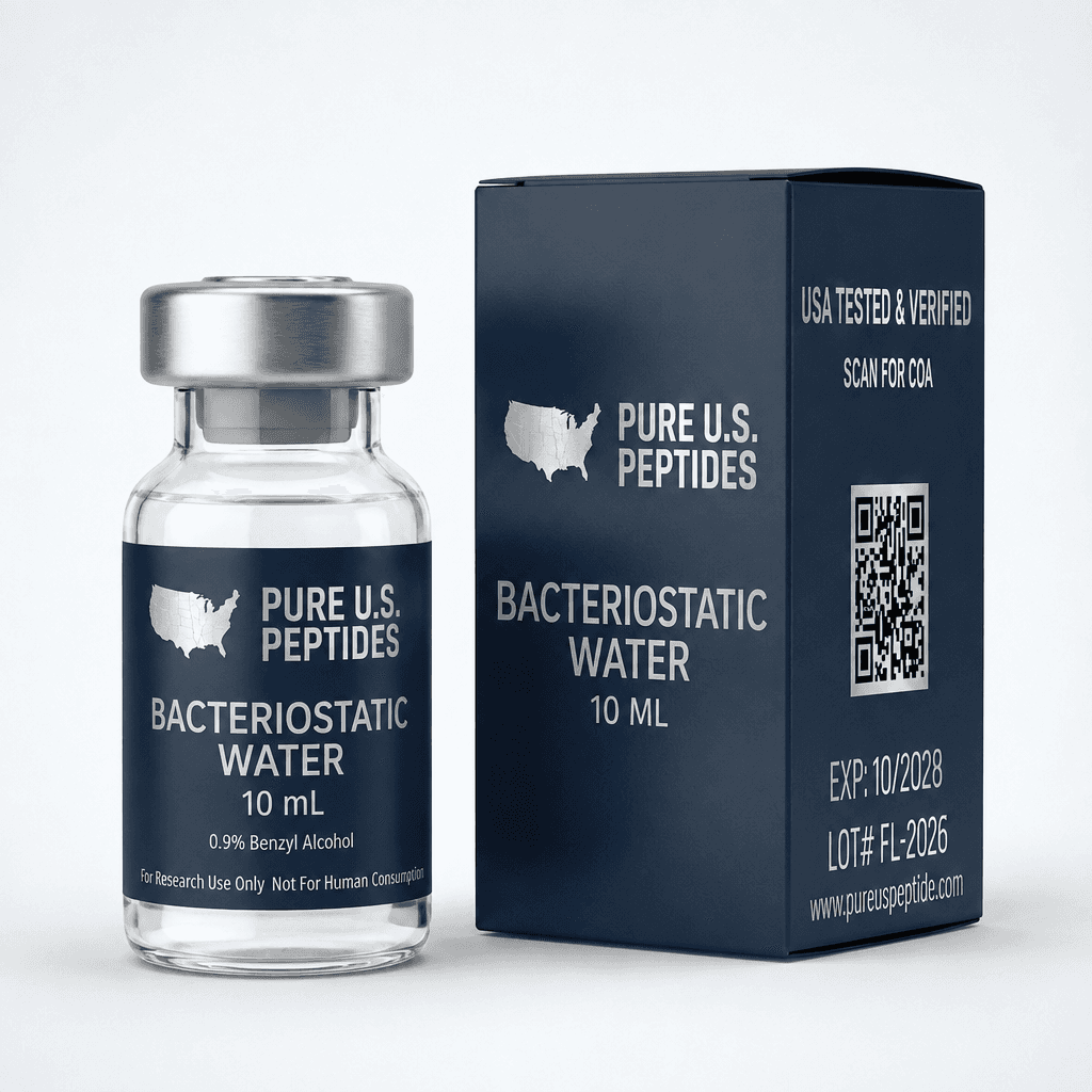 Pure U.S. Peptides Bacteriostatic Water 10mL vial and navy carton