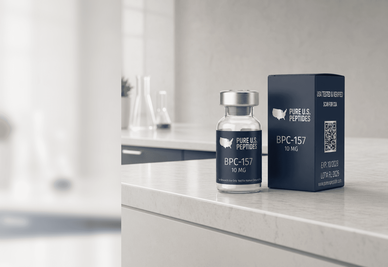 Pure U.S. Peptides vials arranged on a tabletop